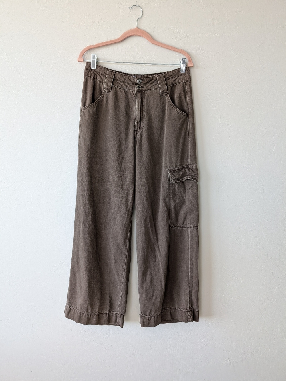 Time And Thru Wide-Leg Cargo Pants Brown Cotton Rayon Utility Baggy Size 4